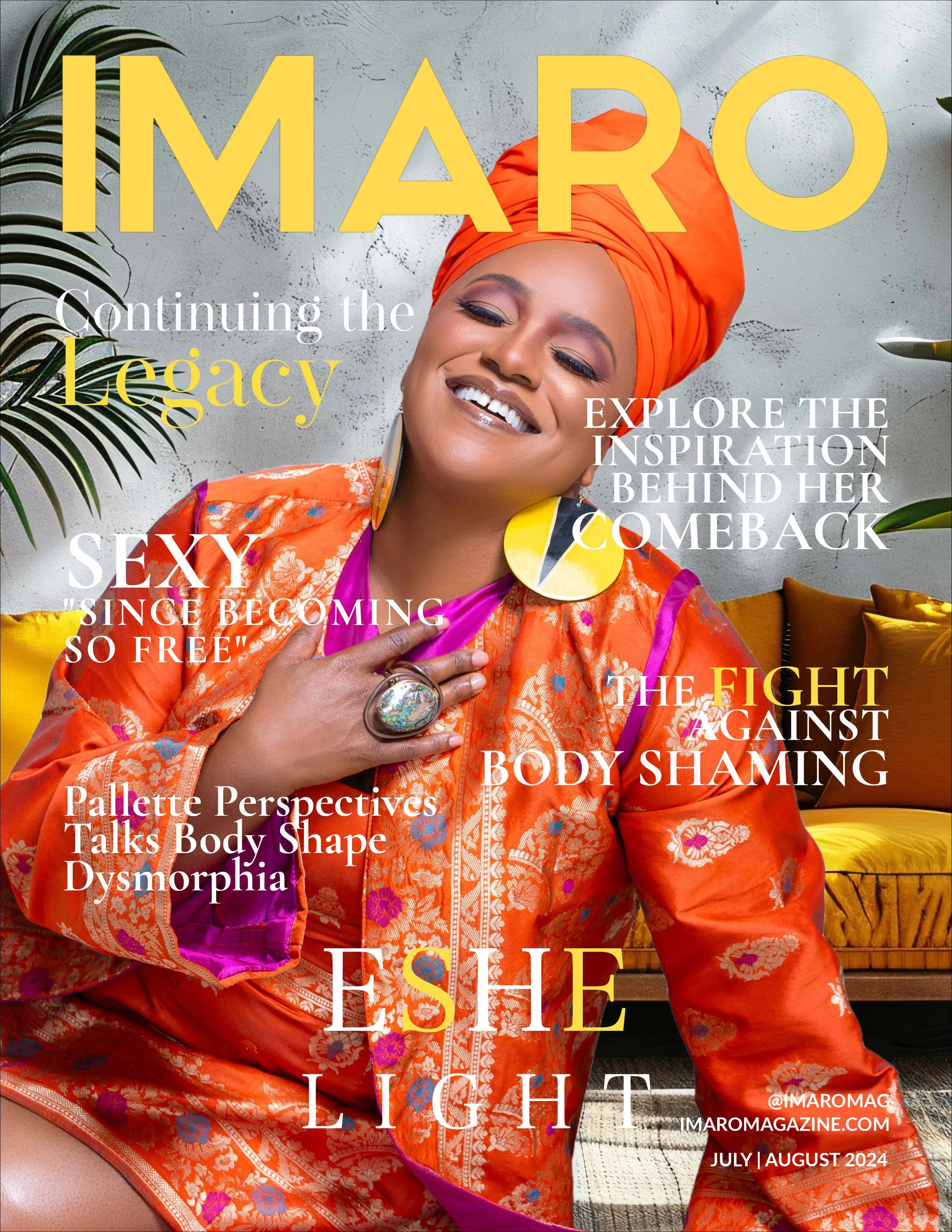 Cover of IMAROMAG magazine featuring a woman in vibrant orange traditional attire with headwrap, smiling with eyes closed, surrounded by colorful text and tropical plant background.