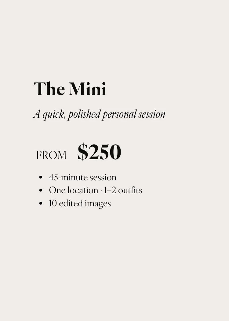 Pricing ad for mini personal photography session, starting at $250, includes a 45-minute session at one location with 1-2 outfits and 10 edited images.