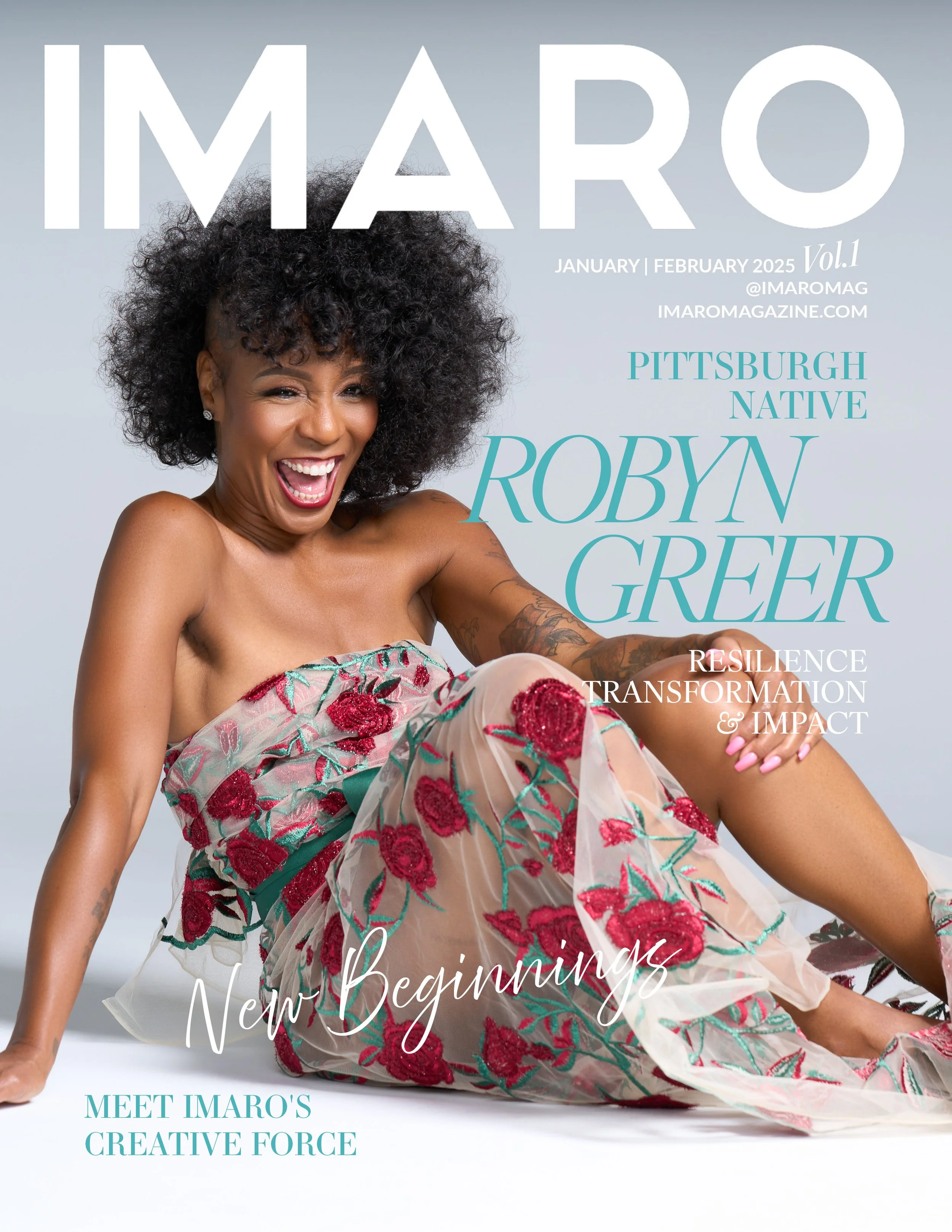 Cover of IMARO magazine featuring a smiling woman with natural curly hair in a floral dress, with text emphasizing themes of resilience and new beginnings.