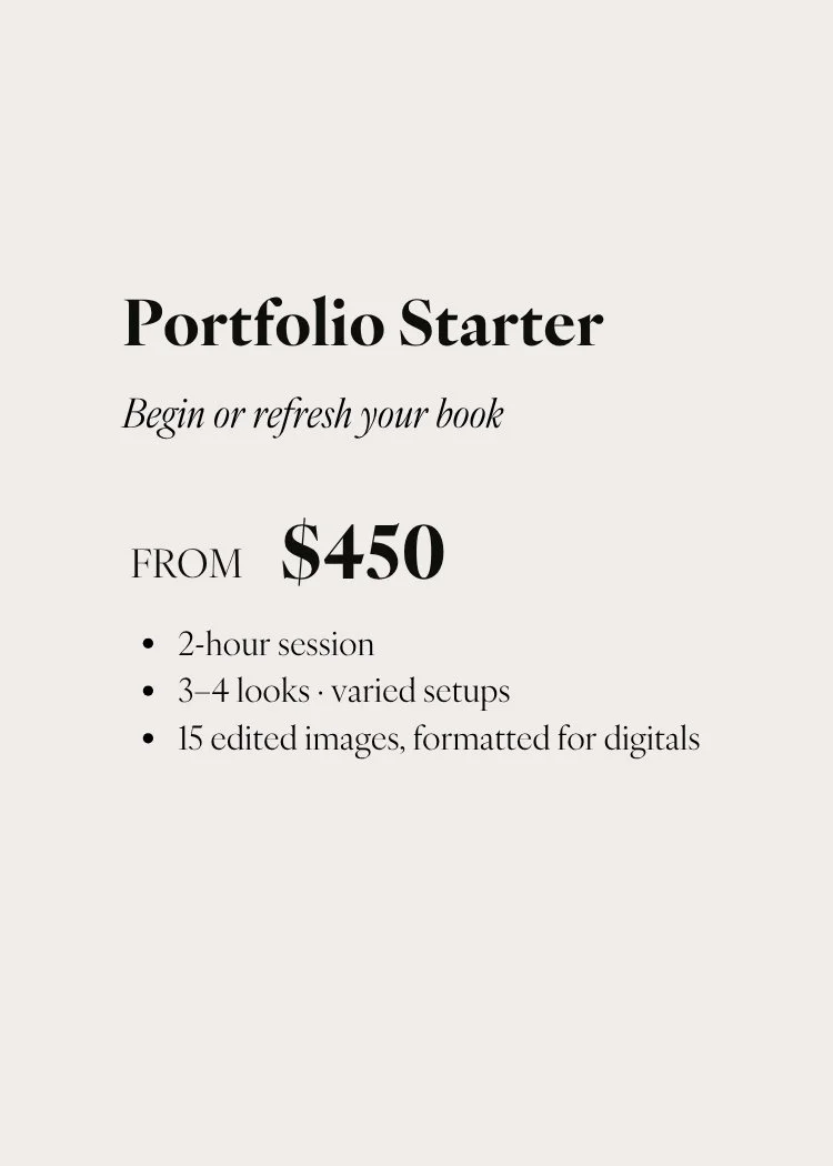 A promotional flyer for a portfolio starter service, listing prices and details including a 2-hour session, 3-4 looks with varied setups, and 15 edited digital images, starting at $450.