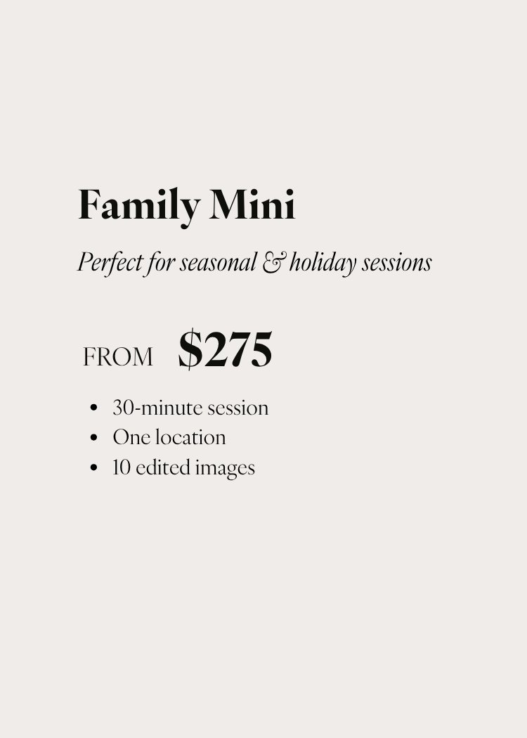 Advertisement for a family mini photo session starting at $275, including a 30-minute session, one location, and 10 edited images, perfect for seasonal and holiday sessions.