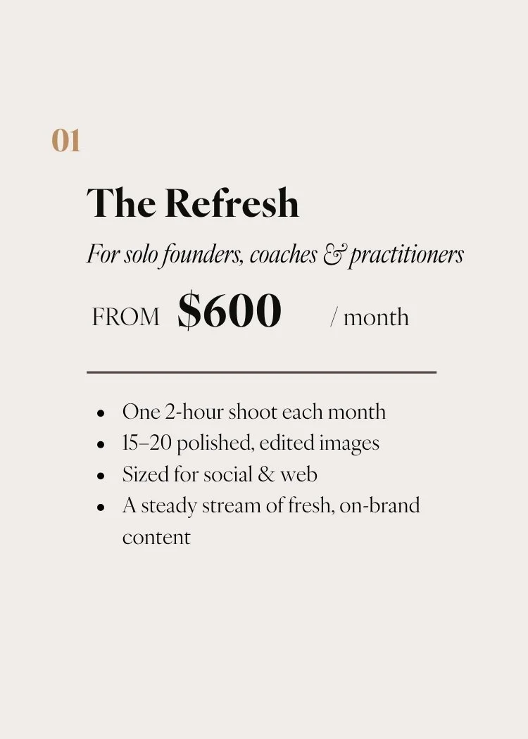 A promotional graphic for a service called 'The Refresh' targeting solo founders, coaches, and practitioners, offering photography or content creation starting at $600 per month, including monthly shoots, edited images, social and web-sized content, and consistent fresh content.
