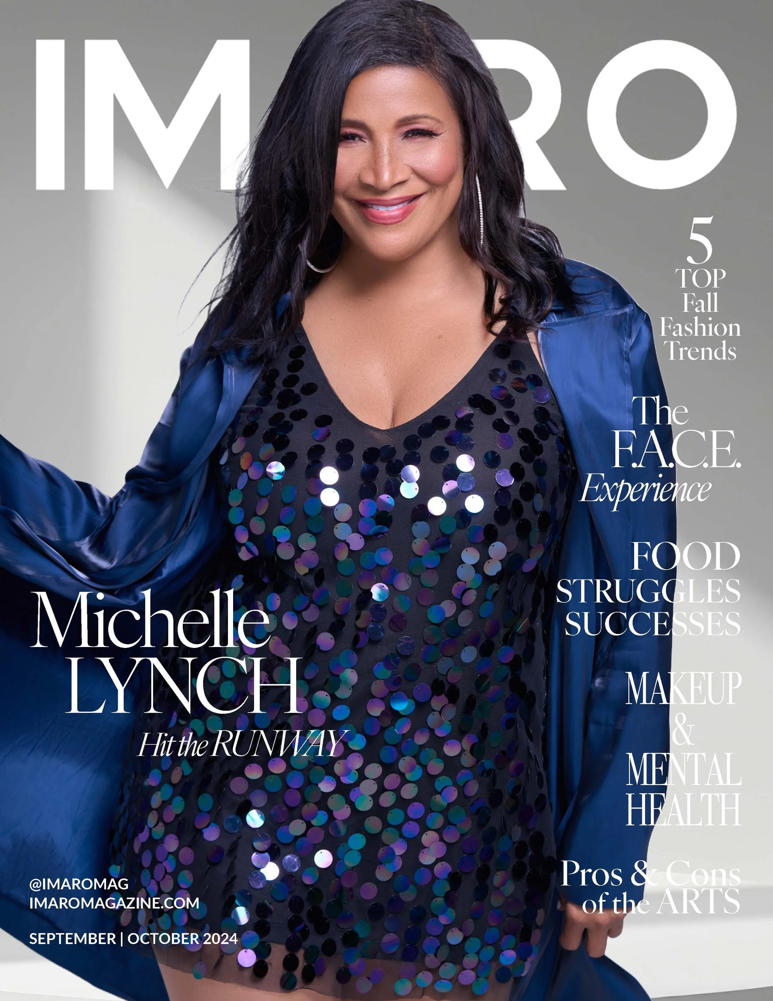 Cover of IM∅RA magazine featuring Michelle Lynche, smiling woman with dark wavy hair, wearing a black sequined top and blue satin jacket. The magazine highlights top fall fashion trends, face experience, food struggles, successes, makeup, mental health, and arts. The issue is September/October 2024, with social media handle @IMAROMAG and website IMAROMAGAZINE.COM at the bottom.