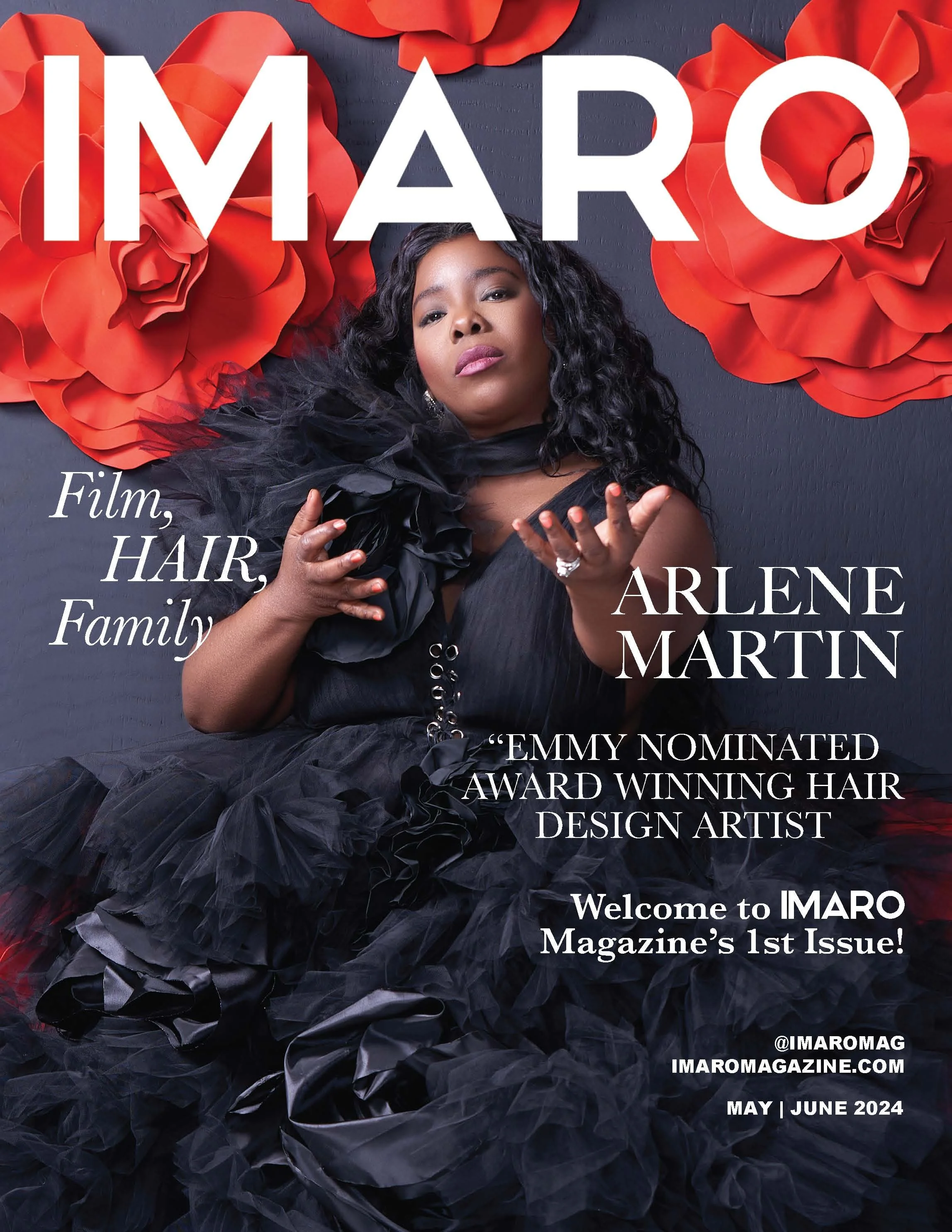 Magazine cover featuring a woman with curly black hair wearing a black dress and a large black feathered accessory, standing against a dark background with red paper roses. The magazine is titled 'IMARO' and highlights topics such as film, hair, family, and features Arlene Martin, a nominee for an Emmy Award for her hair design. The issue date is May/June 2024, and the magazine's social media handle @IMAROMAG is displayed.