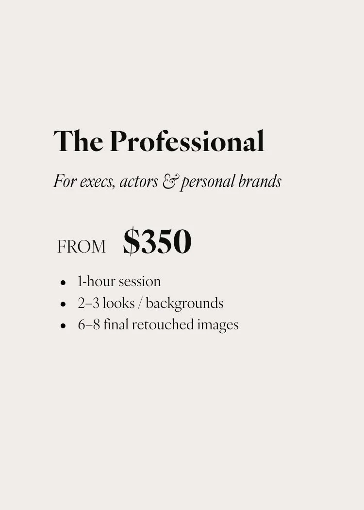 Advertisement for professional photography services for executives, actors, and personal brands, starting at $350, including a 1-hour session, 2-3 looks/backgrounds, and 6-8 retouched images.