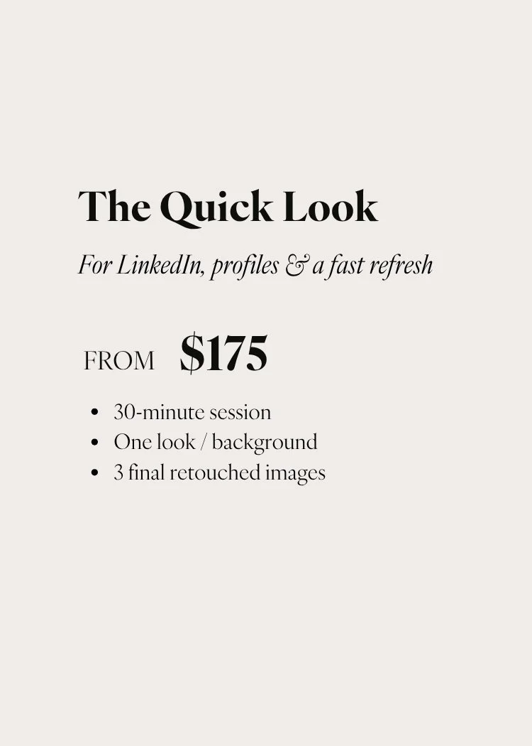 Advertisement for quick LinkedIn profile makeovers, starting at $175, including a 30-minute session, one background, and three retouched images.
