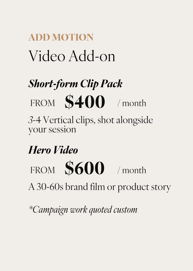 Pricing information for video add-on services, including Short-form Clip Pack starting at $400/month with 3-4 vertical clips, and Hero Video starting at $600/month with a 30-60 second brand film or product story.