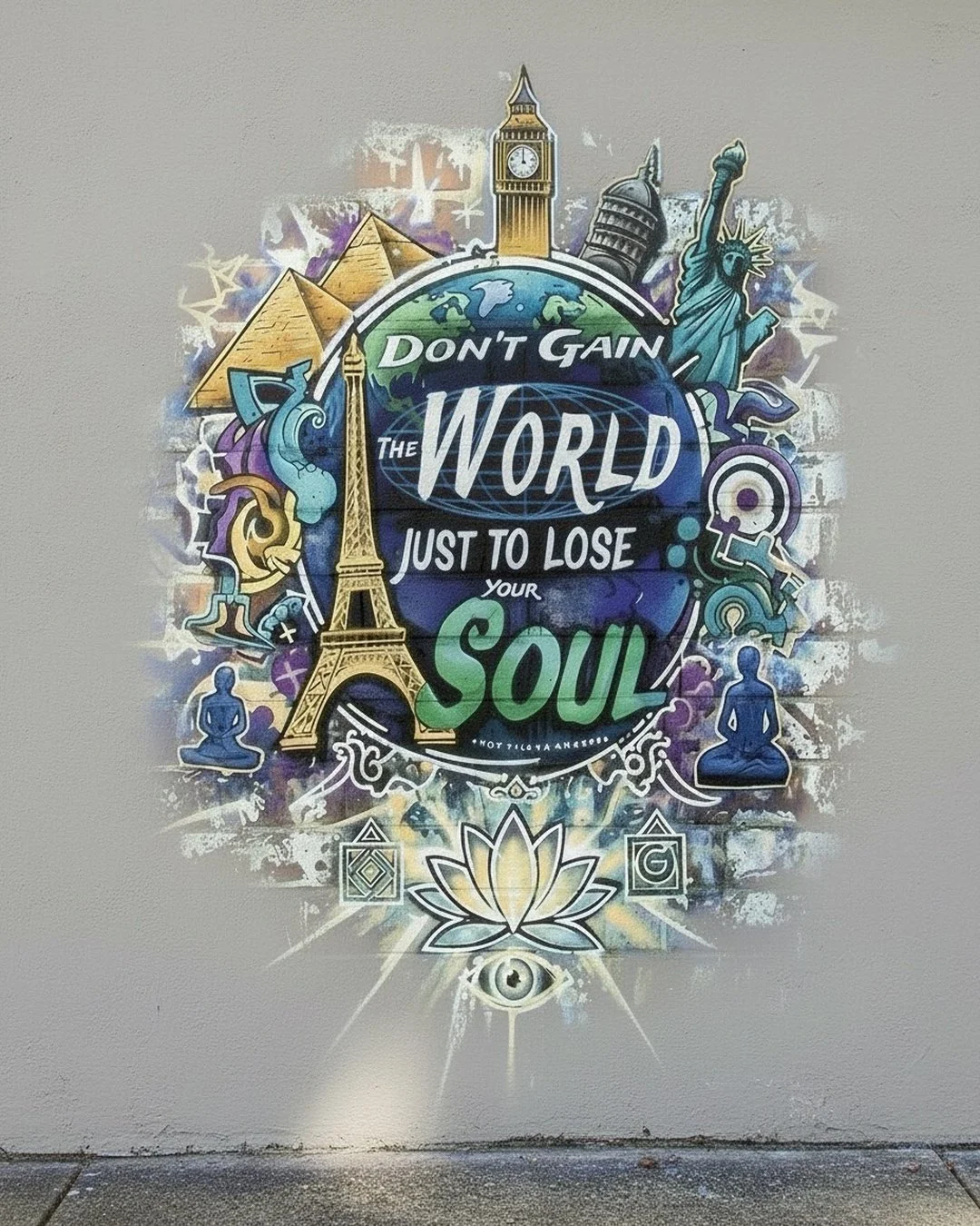 Graffiti mural with the phrase 'Don't gain the world just to lose your soul,' featuring images of the Eiffel Tower, Big Ben, pyramids, the Statue of Liberty, an eye, a lotus flower, and meditation figures.
