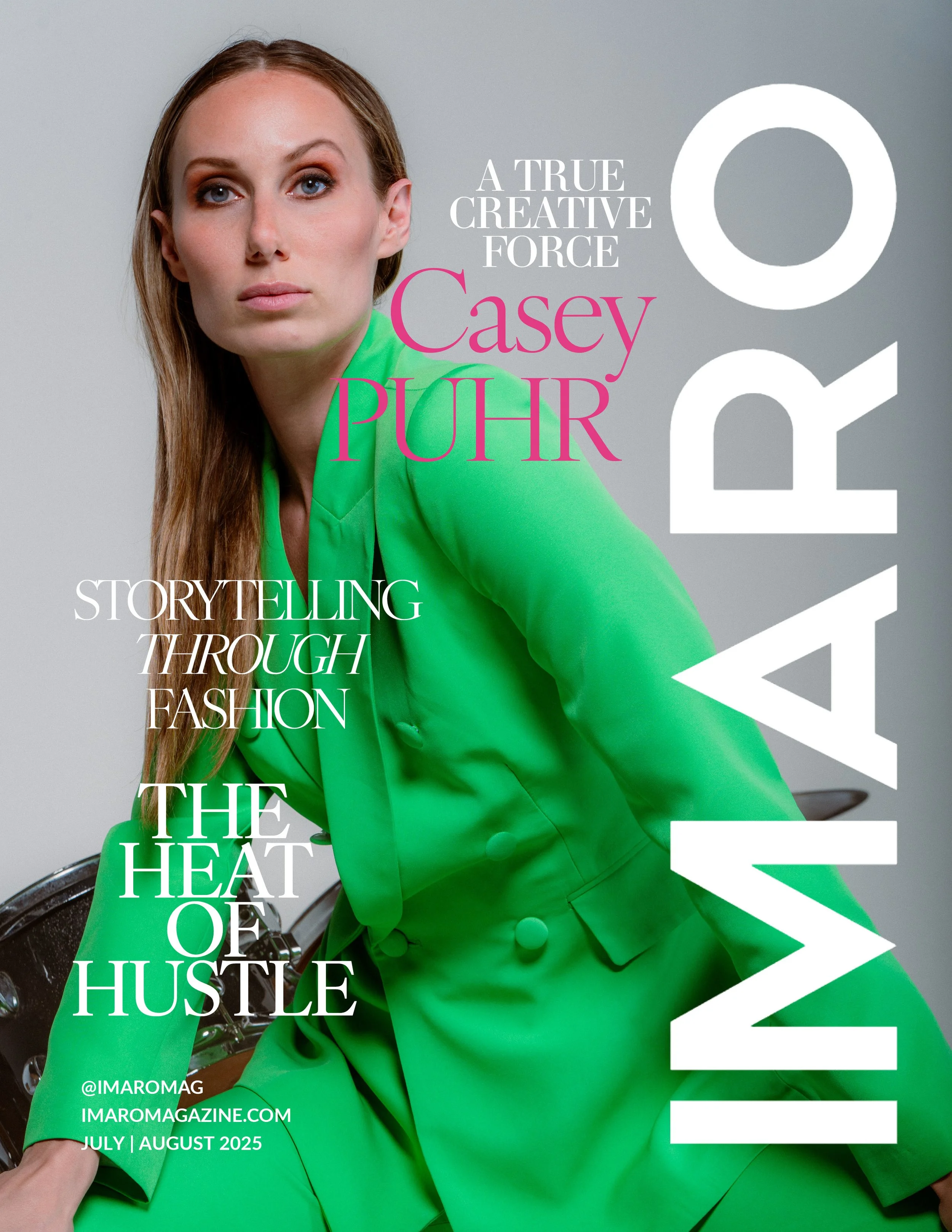 Cover of IMARMAG magazine featuring Casey Puhar in a bright green suit, with the headline 'A TRUE CREATIVE FORCE' and additional text about storytelling through fashion, the heat of hustle, and the July/August 2025 issue.