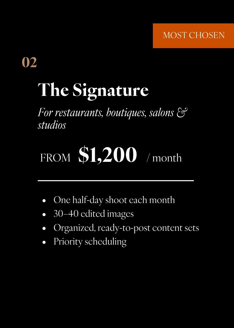 A promotional graphic for a photography service called 'The Signature' targeting restaurants, boutiques, salons, and studios. It highlights a starting price of $1,200 per month and includes services like monthly half-day shoots, 30-40 edited images, ready-to-post content sets, and priority scheduling.