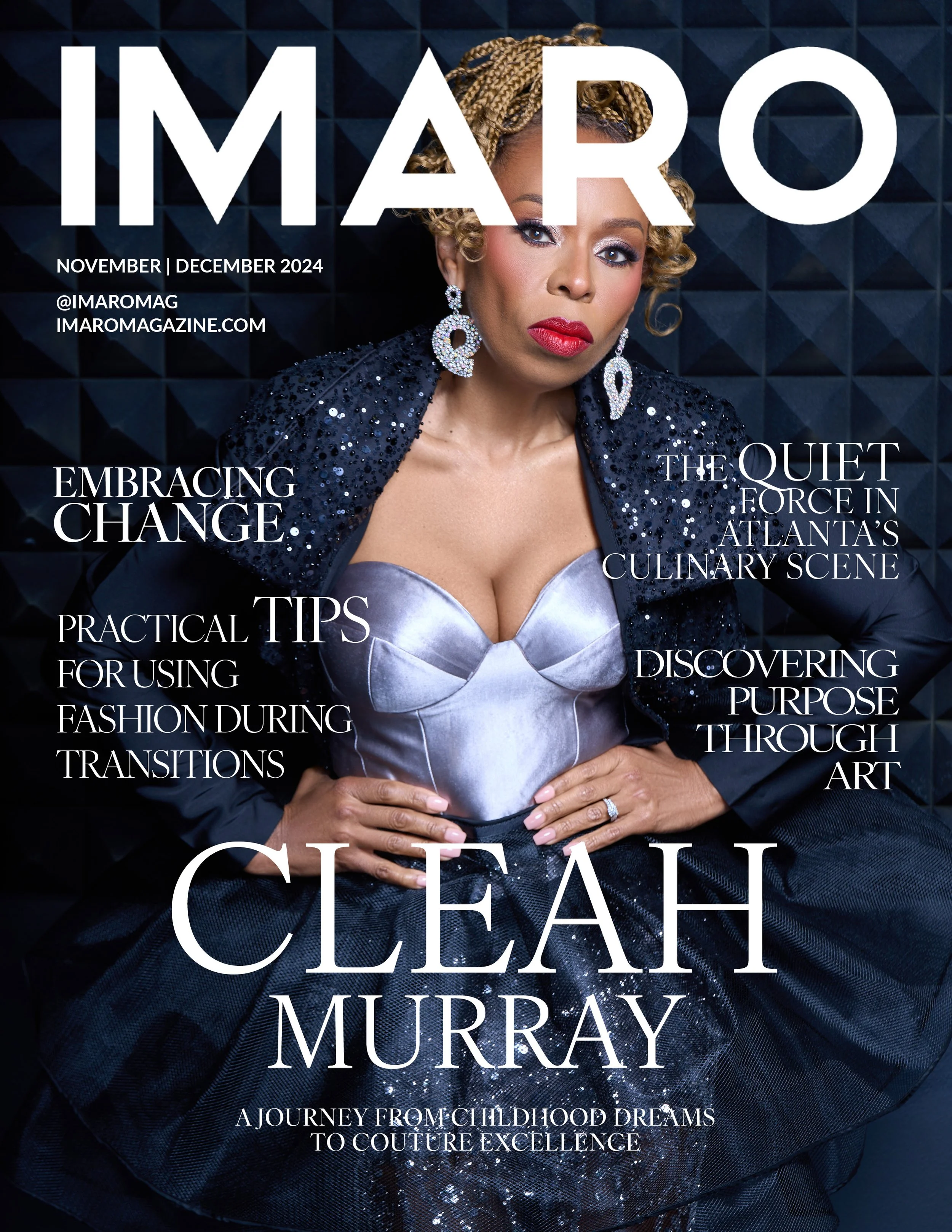 Fashion magazine cover featuring a woman in a silver dress and a dark sequin blazer, with large earrings and braided blonde hair, against a black textured background. Text includes magazine name, issue date, and headlines about fashion, change, Atlanta's culinary scene, and artistic discovery.