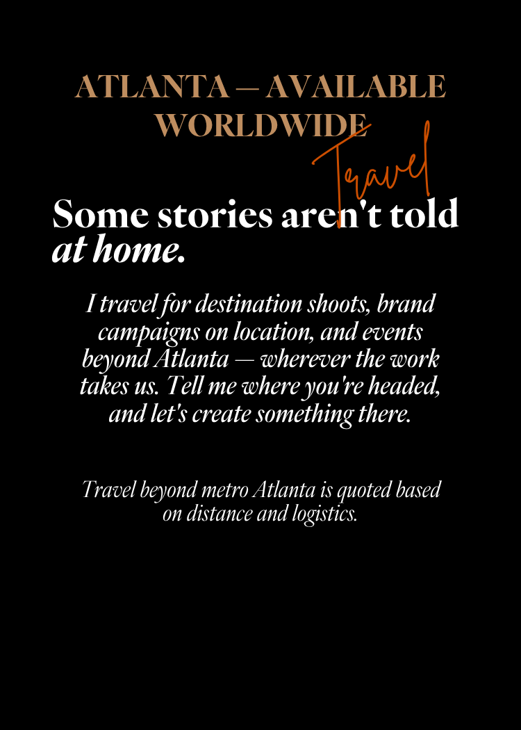 Black background with text promoting travel services from Atlanta, emphasizing storytelling beyond home and encouraging destination creation.