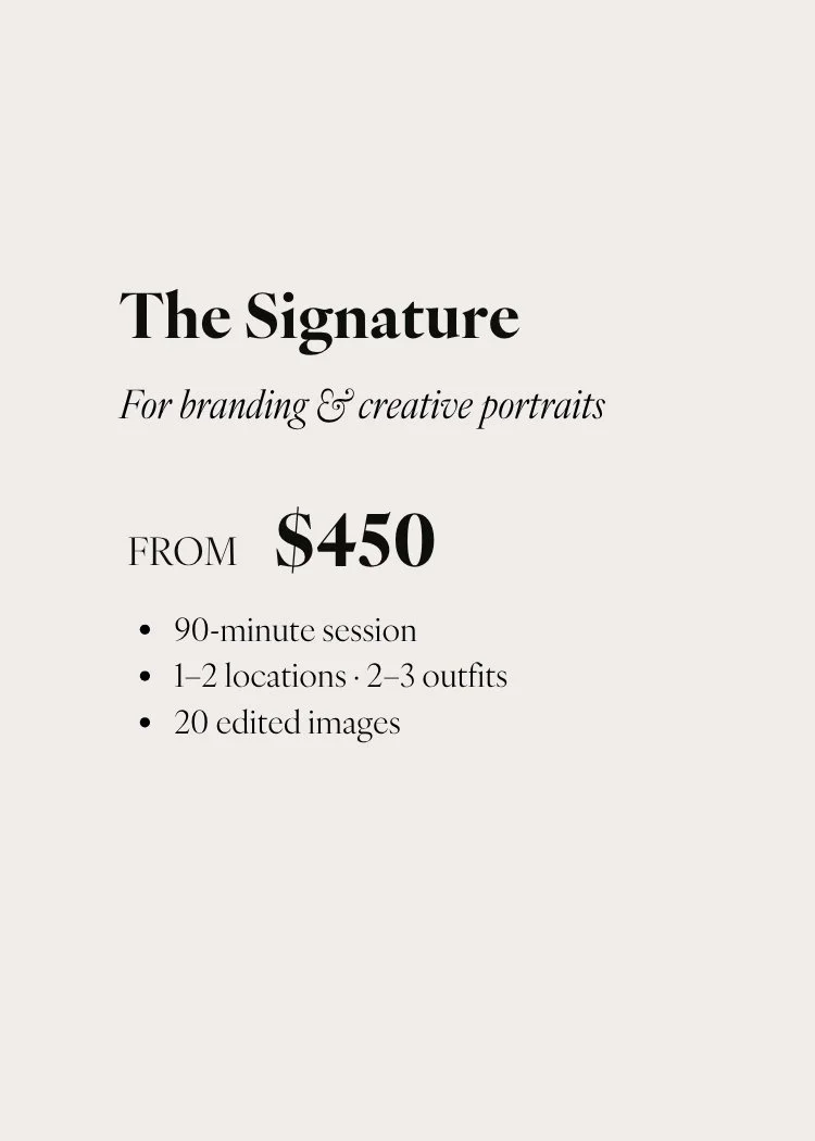 Text advertising branding and portrait photography service, starting at $450, including a 90-minute session, 1-2 locations, 2-3 outfits, and 20 edited images.