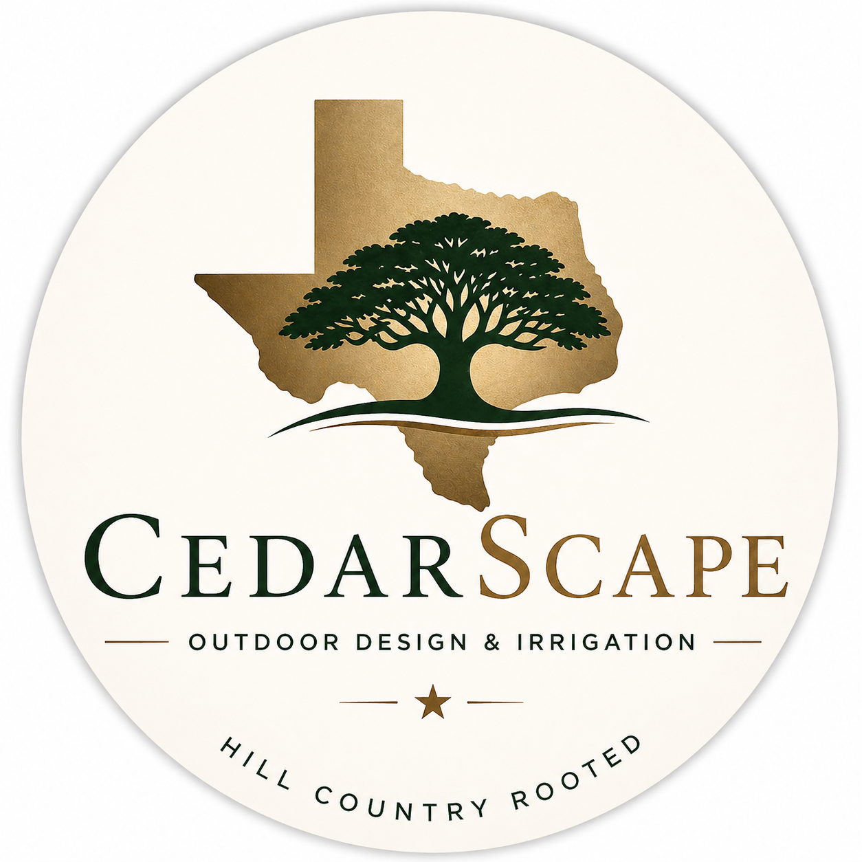 Logo for CedarScape outdoor design and irrigation featuring a silhouette of a tree with a Texas state map in the background and the slogan "Hill Country Rooted".