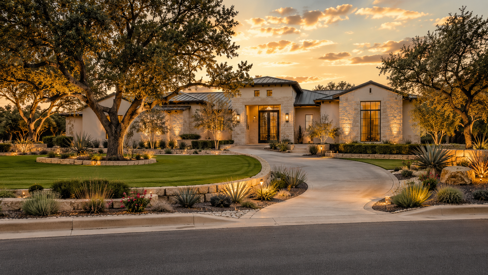 A modern house at sunset with a landscaped front yard, trees, and outdoor lighting, featuring a curved driveway leading to the entrance.