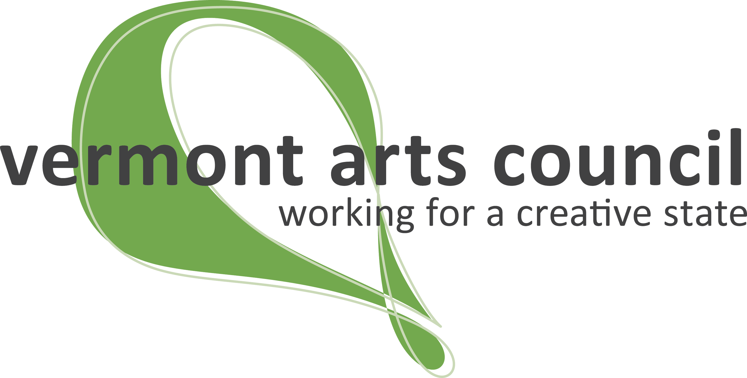 Vermont Arts Council logo with green swoosh design and the slogan "working for a creative state".