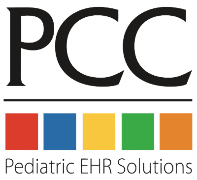 PCC Pediatric EHR Solutions logo with colored squares in red, blue, yellow, green, and orange.