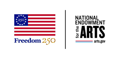 Graphic celebrating 250 years of American independence with the flag and text for the National Endowment for the Arts and arts.gov.