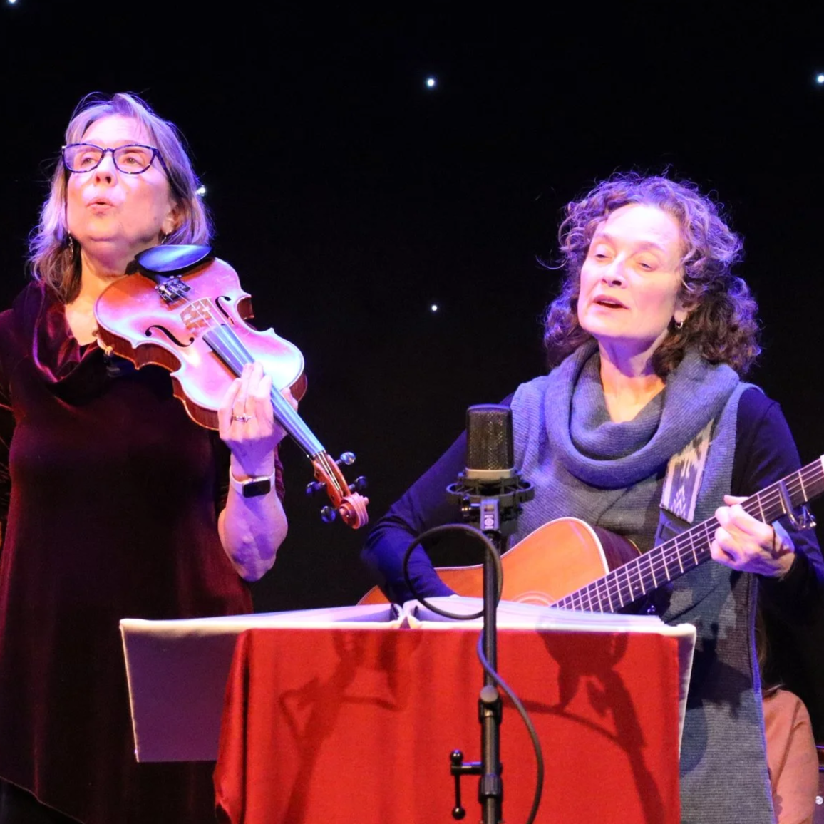 Susannah Blachley playing violin and singing and Patti Casey playing guitar and singing in front of a microphone at a music stand with twinkle lights in the background