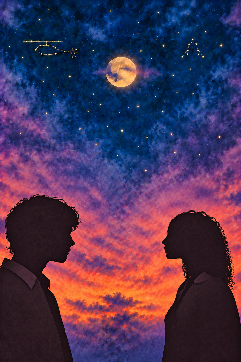 a teen boy and a teen girl at sunset in silhouette with stars, a moon, and constellations of a helicopter and a lunar orbiter