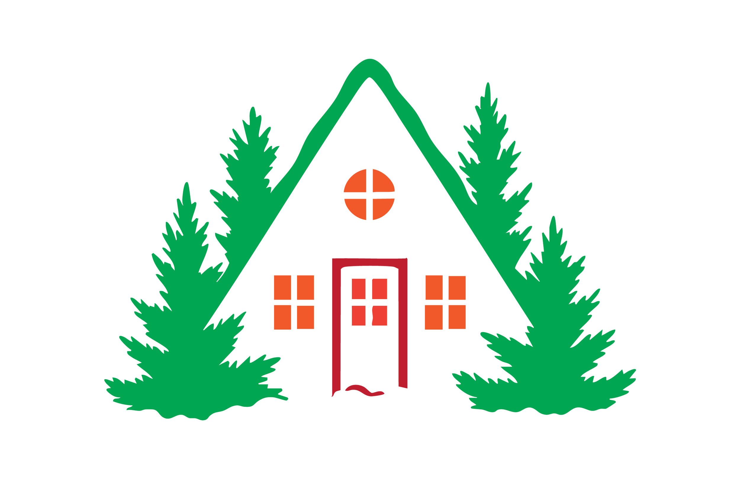 Logo featuring a stylized house with orange and red colors, surrounded by two large green pine trees on each side.