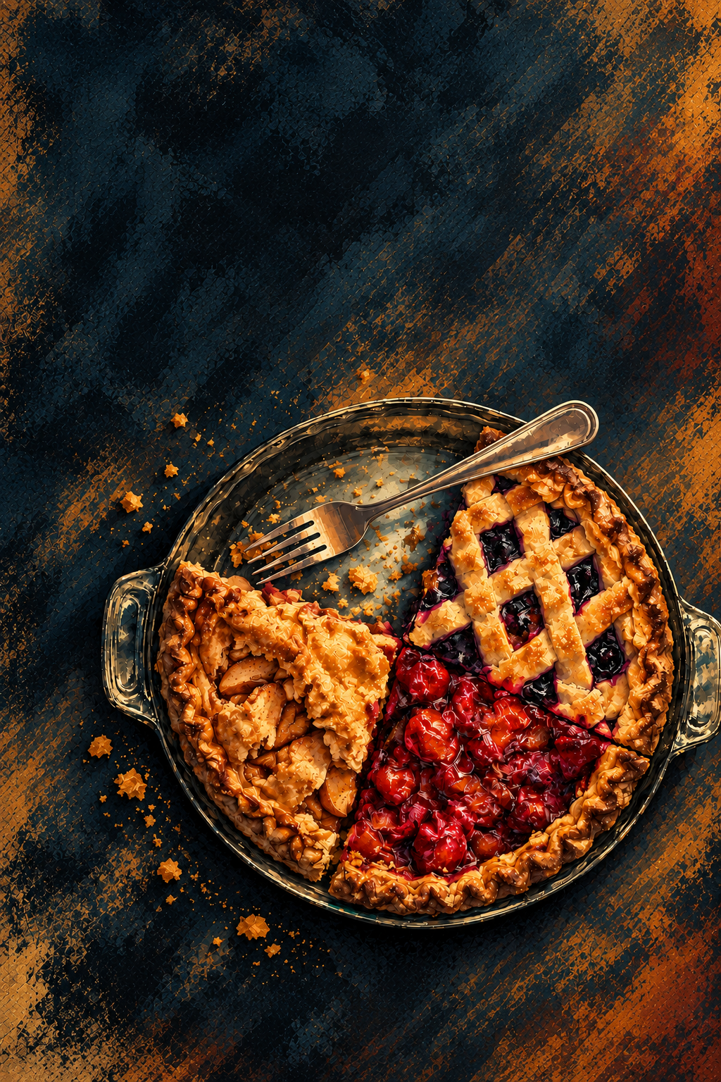 a pie with three slices made of different types of pie including apple, cherry, and blueberry