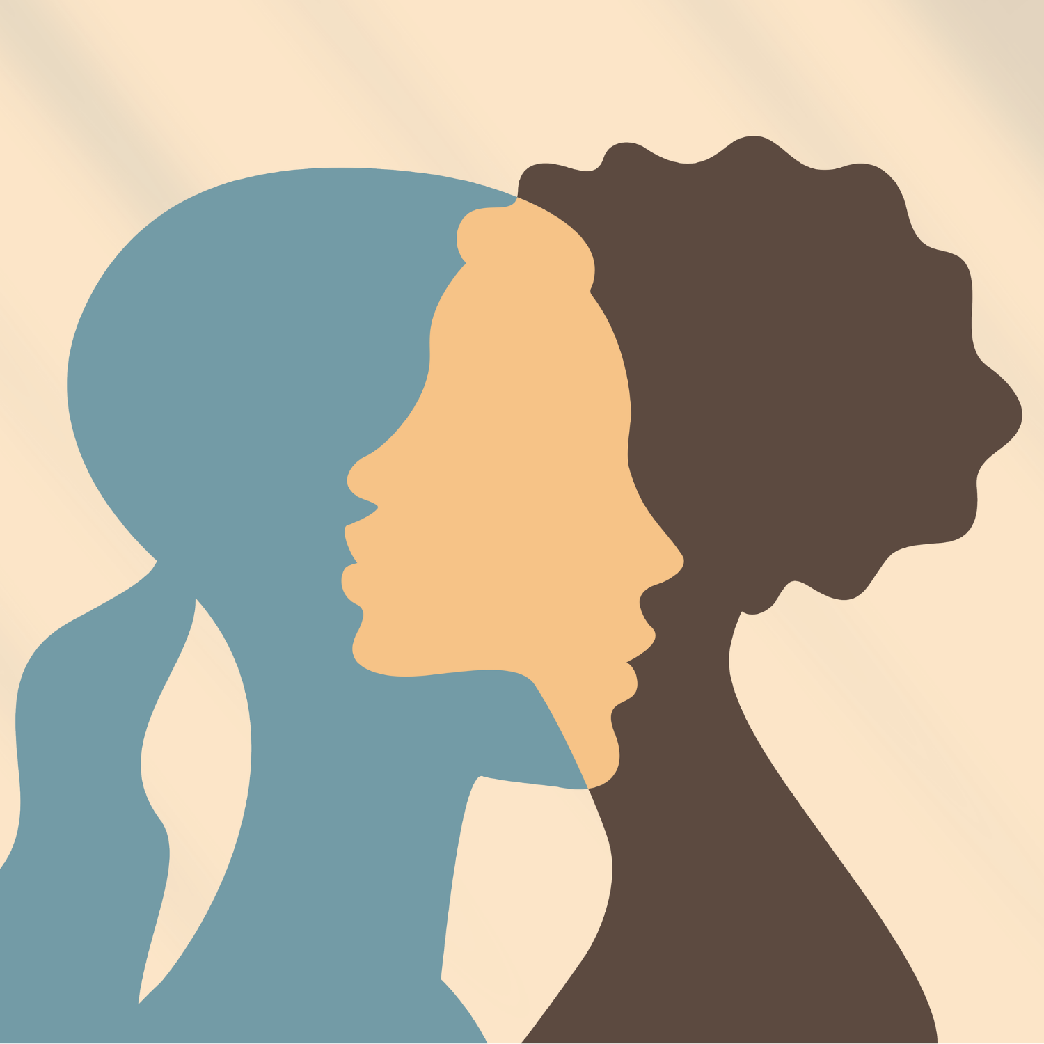 Graphic illustration of three overlapping women's profile silhouettes in different skin tones and hairstyles.