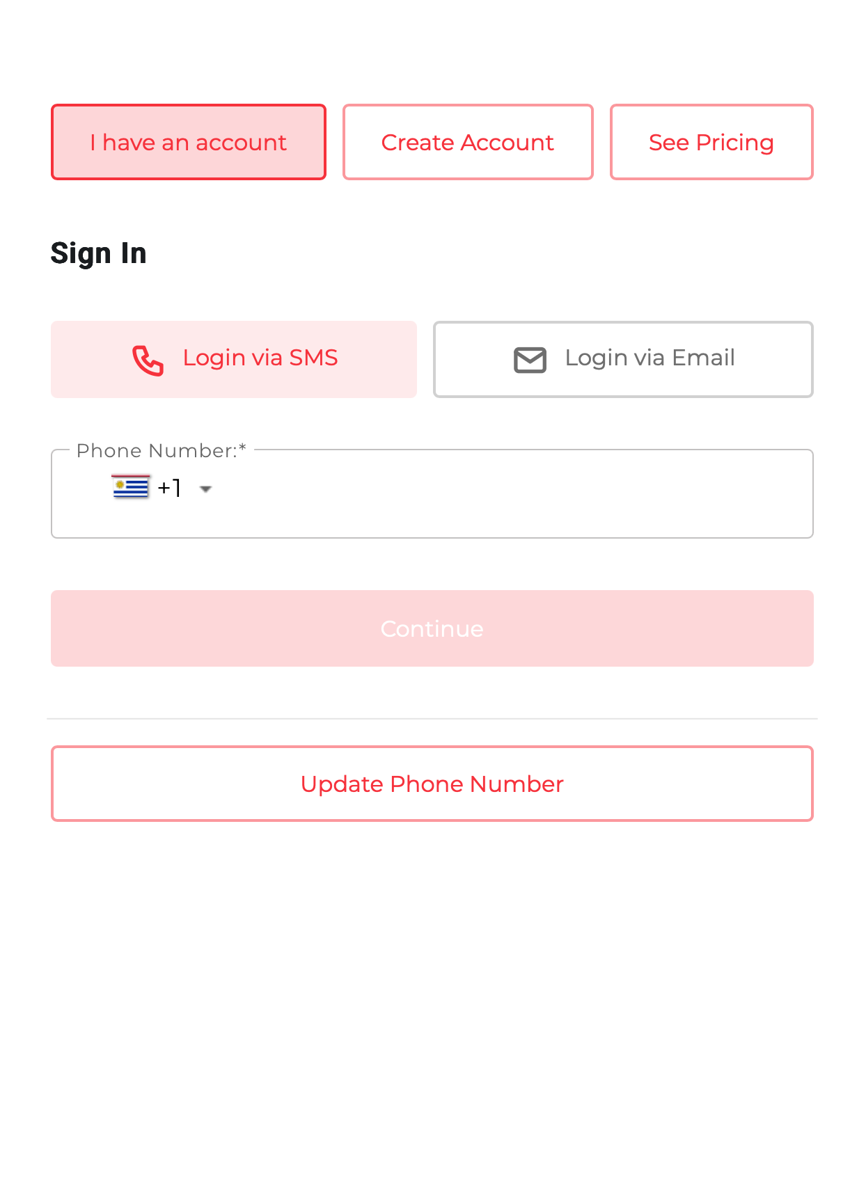 Login screen with options to log in via SMS or email, input for phone number with Argentine flag, and buttons for creating account, pricing, and account sign-in.