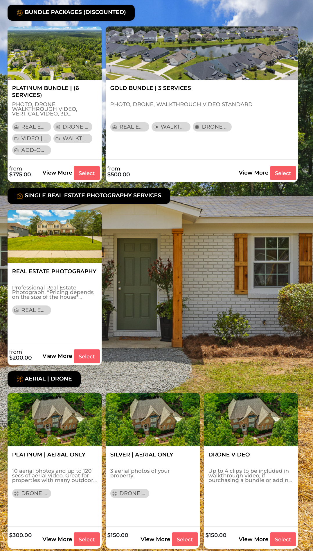 A digital catalog displaying real estate photography services and drone video packages, including aerial and standard photos, with prices and 'Select' buttons.
