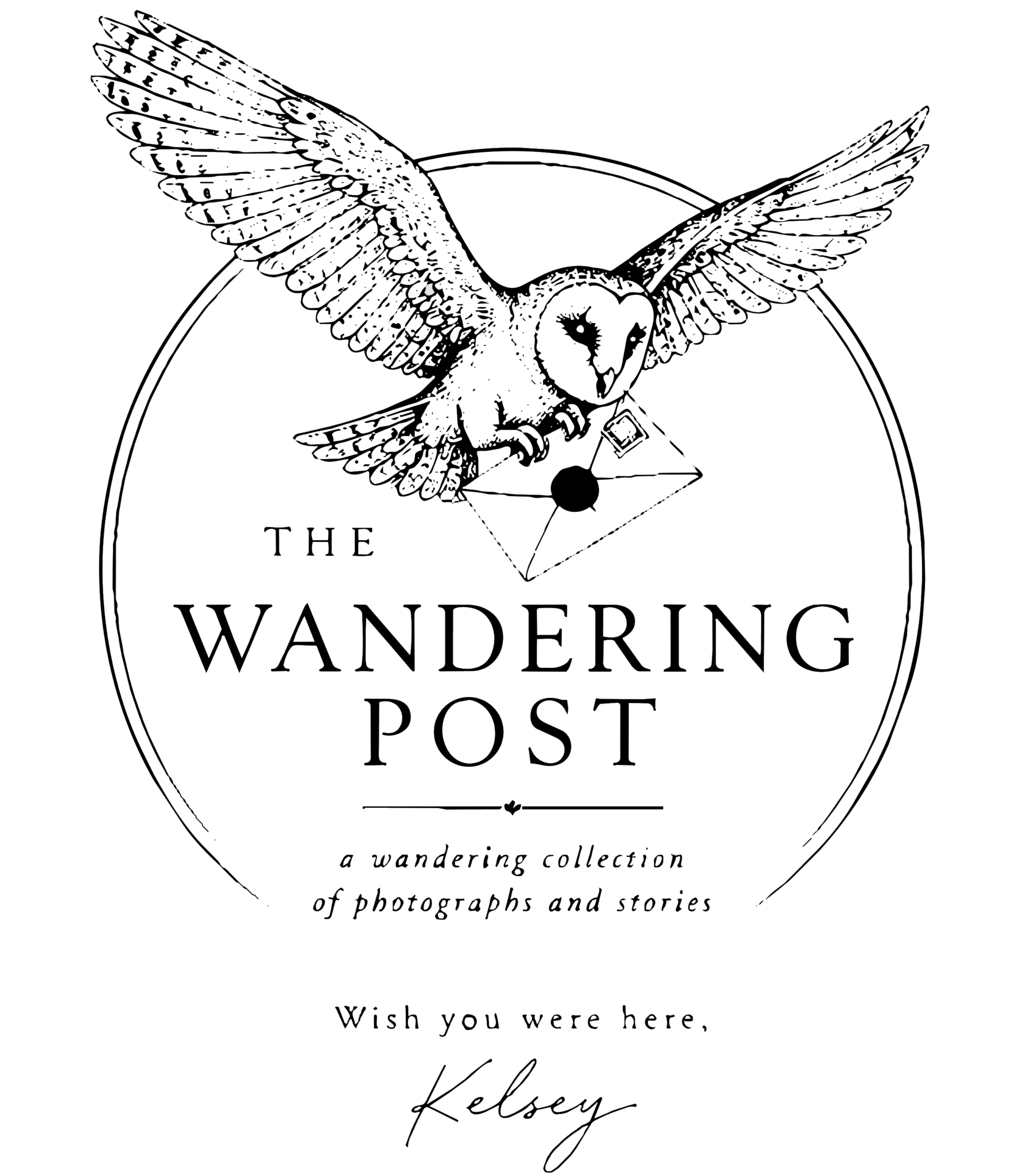 Line art of an owl with outstretched wings, sitting on a branch with a geometric shape below it. Text reads: "The Wandering Post. a wandering collection of photographs and stories. Wish you were here."
