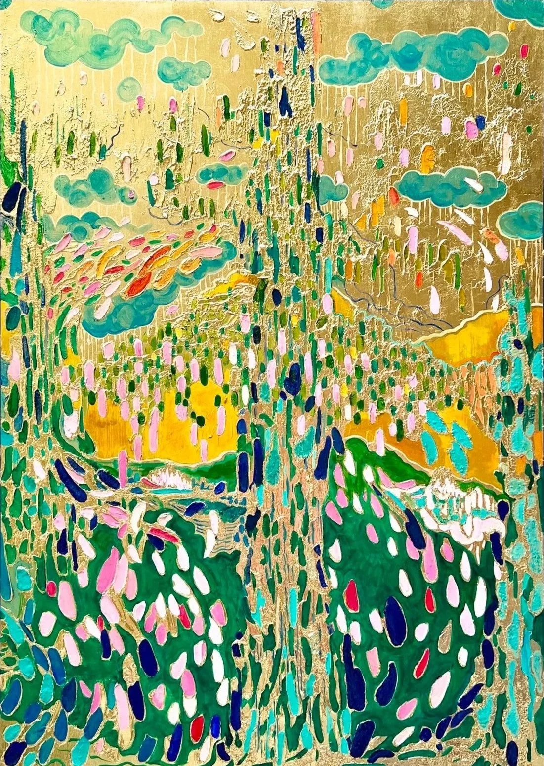 Abstract painting featuring vibrant colors with blue clouds, pink and orange droplets, green and yellow streaks, and gold accents.