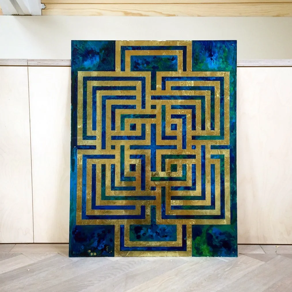 Gilded decorative painting with a gold maze design on a predominantly blue and green background for a luxury interior.