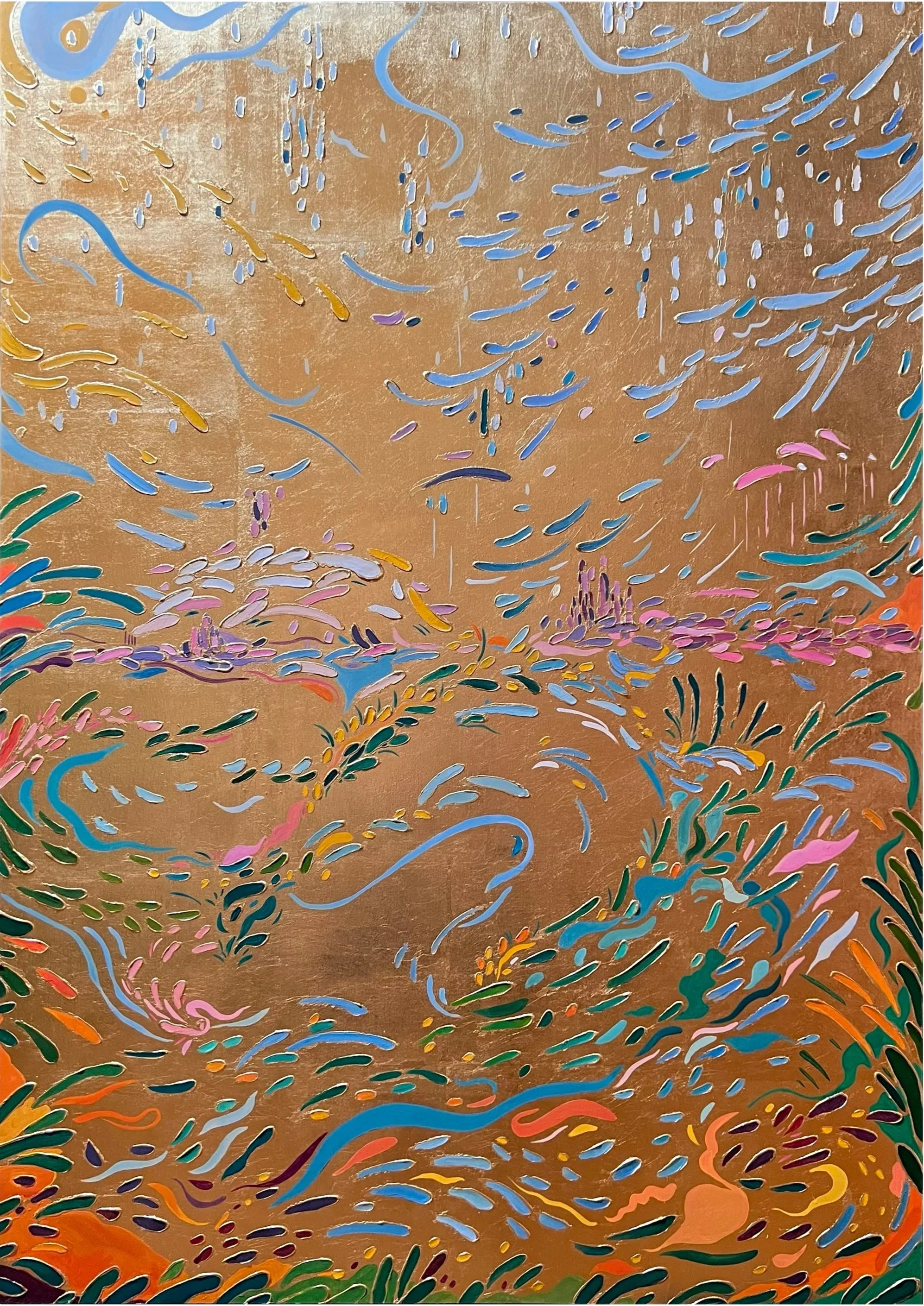 An abstract painting featuring swirling, colorful brushstrokes on a metallic gold background, with accents of pink, blue, green, orange, and purple.