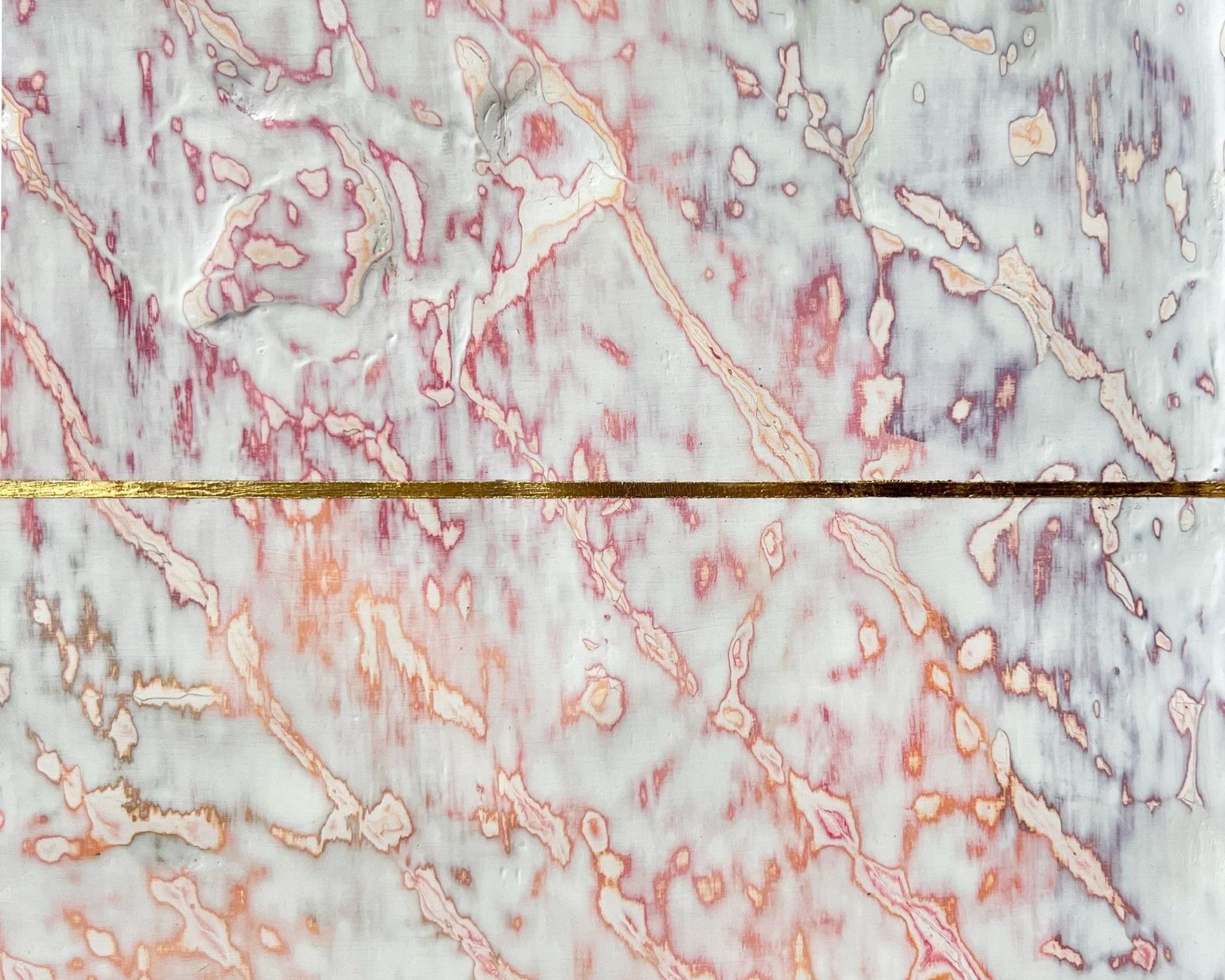 Close-up of a textured artwork surface with a white base and pink and red vein-like patterns.