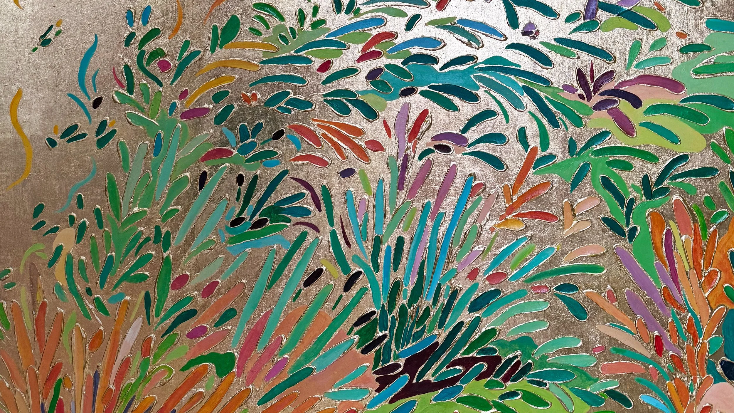 Colorful abstract painting with streaks of blue, green, purple, orange, red and black on a metallic gold background.