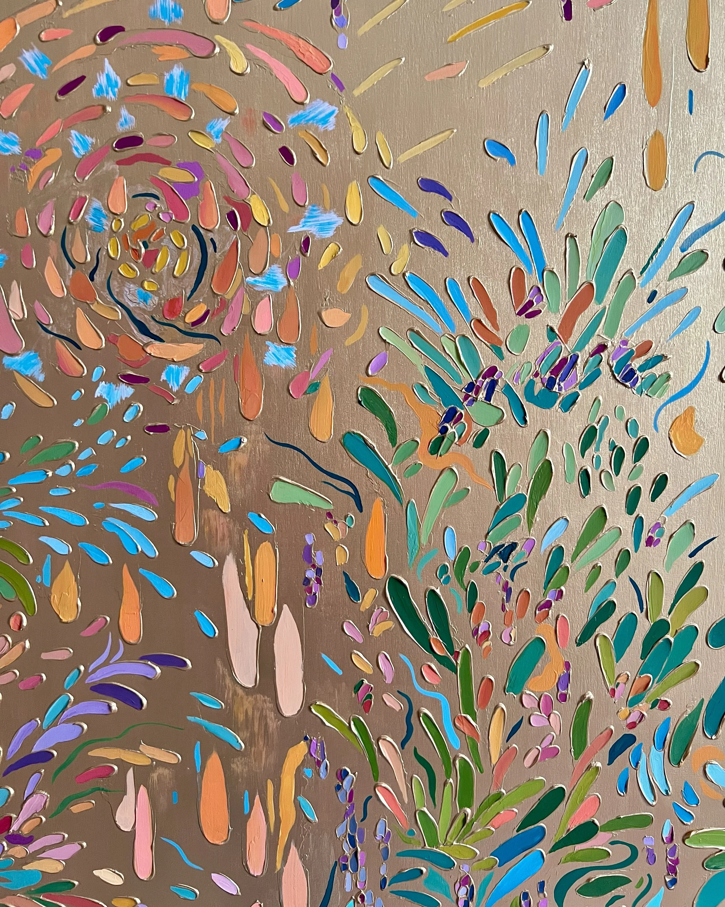 A colorful abstract painting depicting a fireworks display in the night sky with vibrant streaks of various colors including pink, purple, orange, blue, green, and yellow against a dark background.