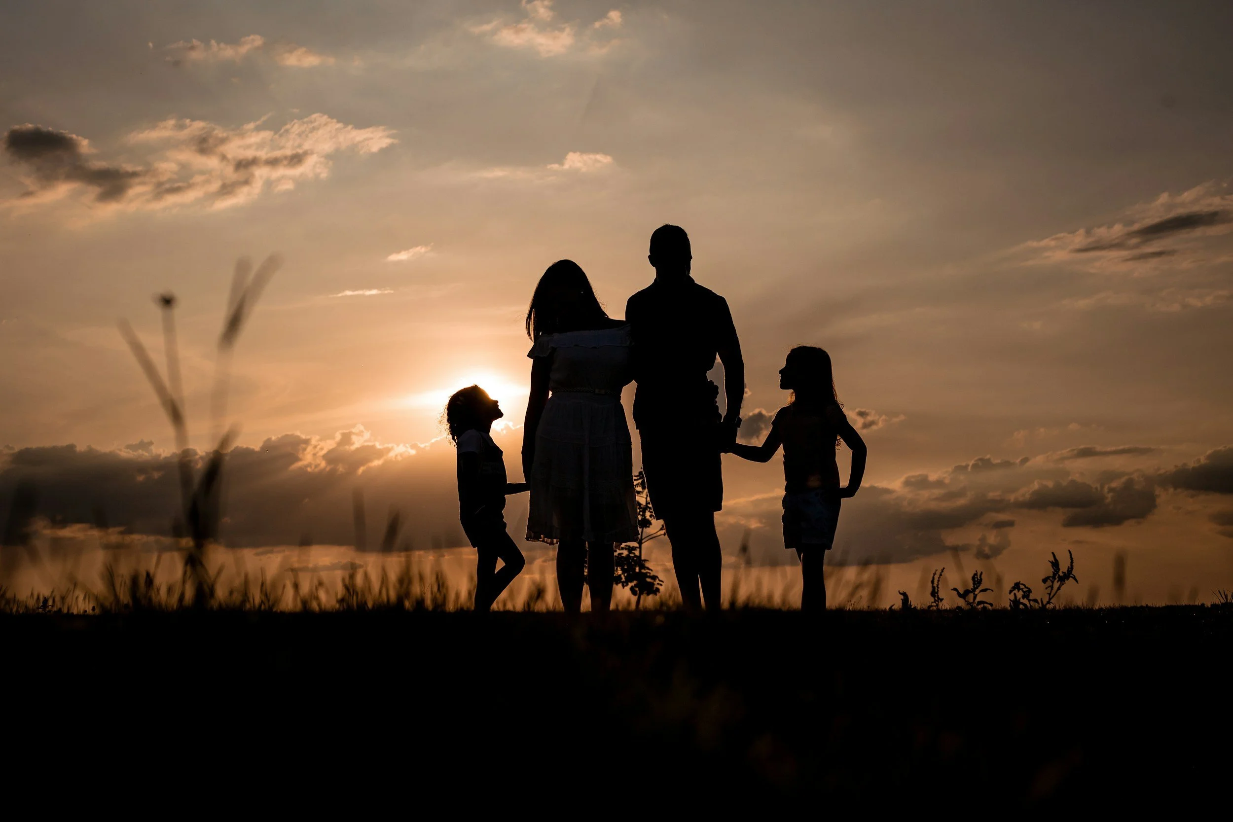 Silhouettes of a family with two children holding hands, standing outdoors during sunset with a cloudy sky.