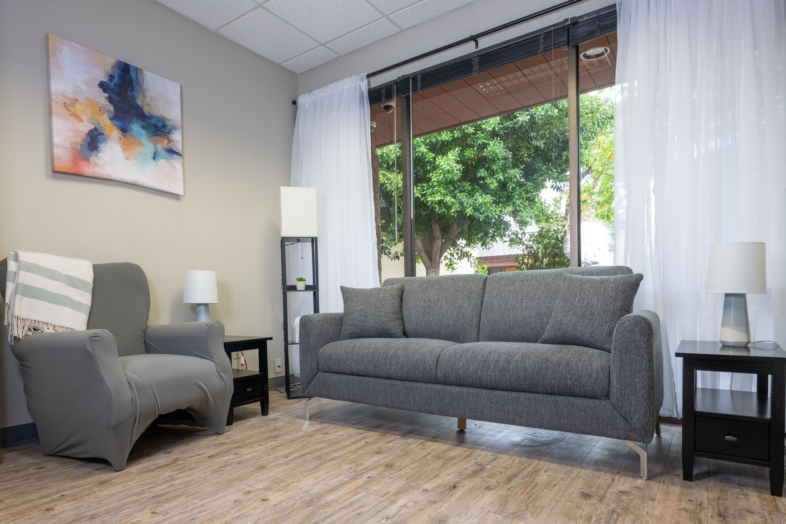 A therapy room with a gray sofa, a gray armchair with a striped blanket, a side table with a small lamp and plant, a tall black shelf, and large windows with white curtains, overlooking greenery outside.
