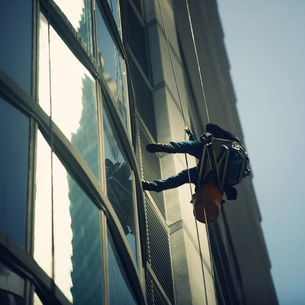 Window cleaner hanging from a harness on the exterior of a tall building during daylight hours.