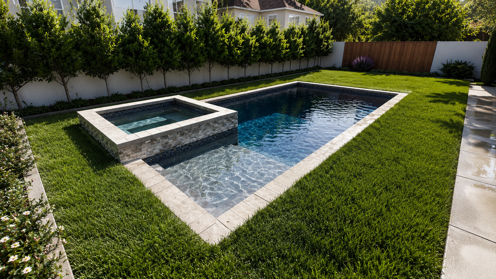 01 — THE MONARCH // Clean, geometric, and timeless. The raised spa and rectangular form create a strong architectural presence.