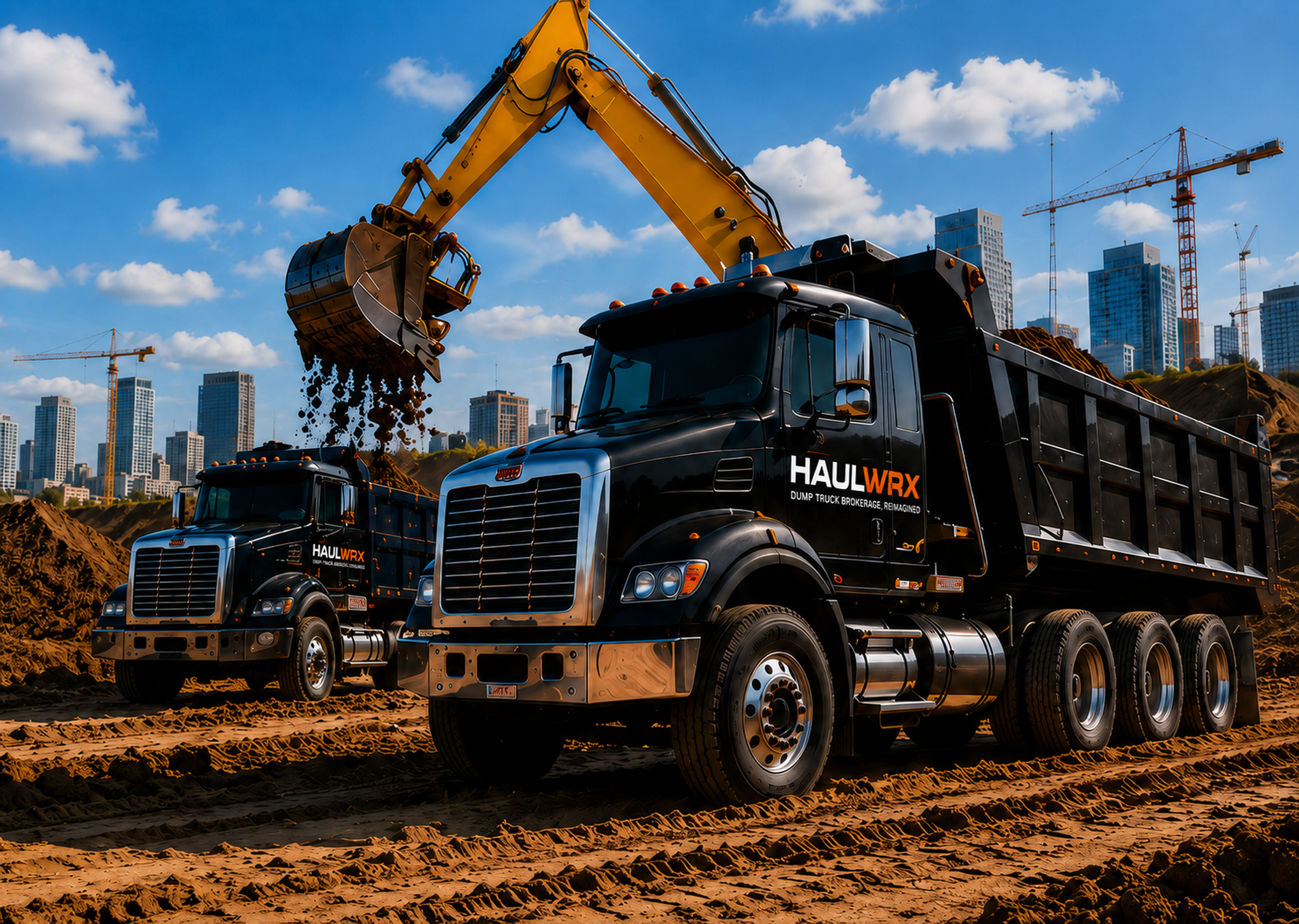 Construction site with a large black dump truck labeled 'HAULWRX' and a yellow excavator loading dirt, with a city skyline and blue sky with clouds in the background.