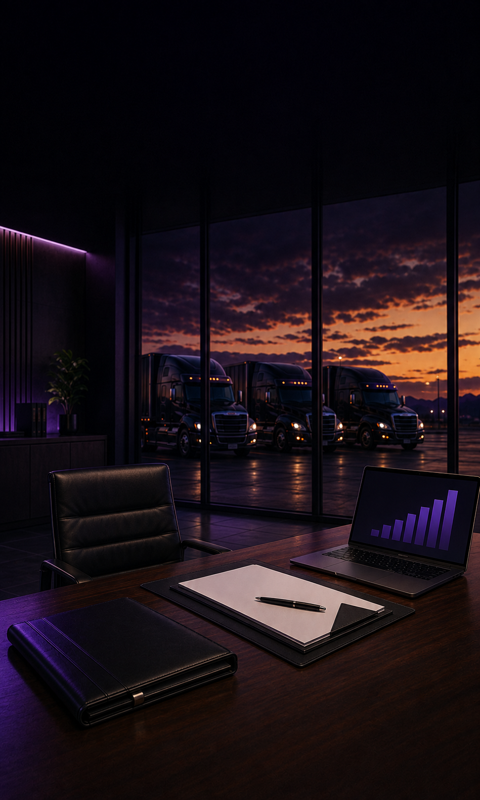 Commercial semi trucks outside a trucking office at sunset