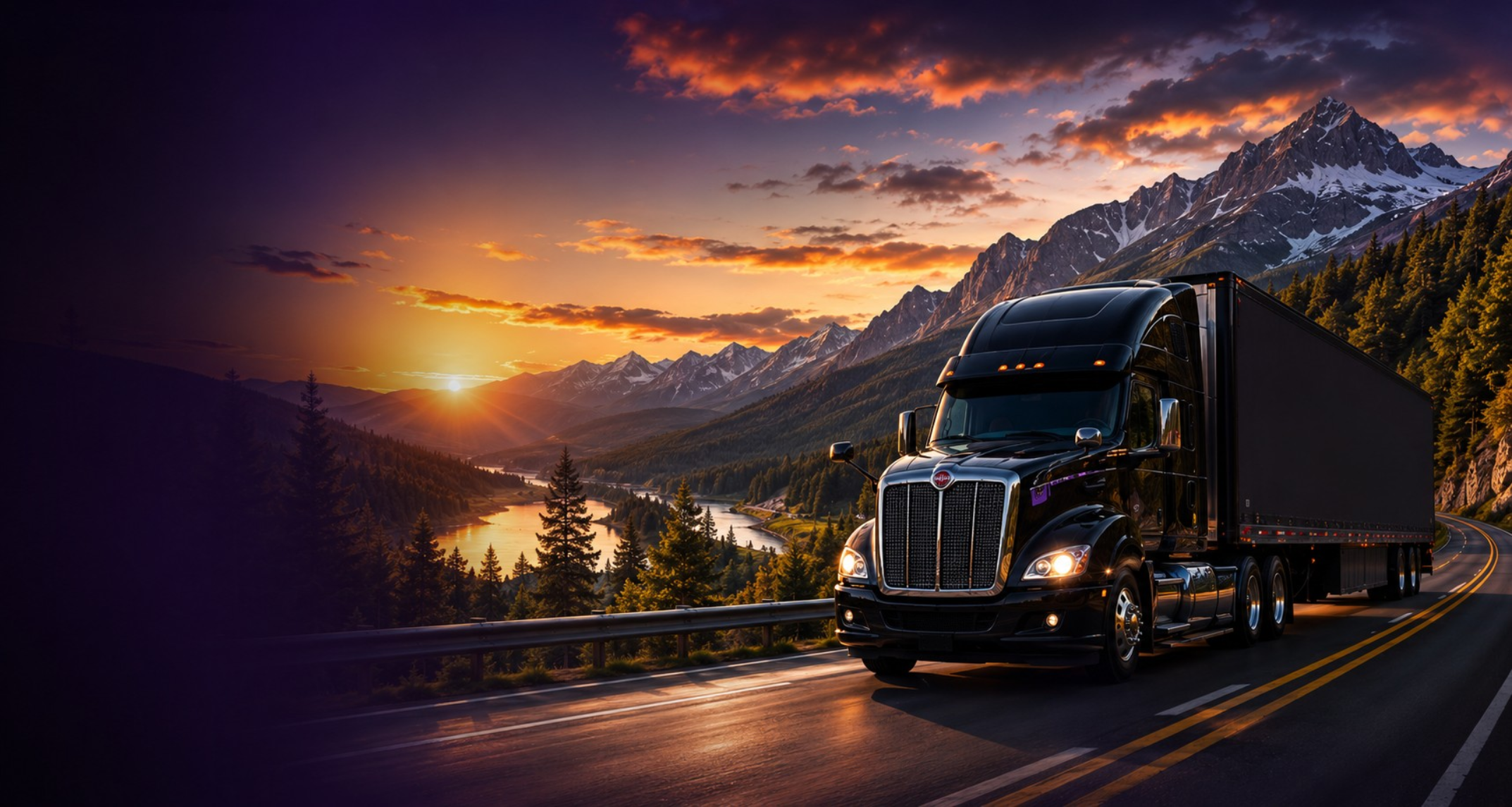 Commercial truck traveling along a mountain highway at sunset