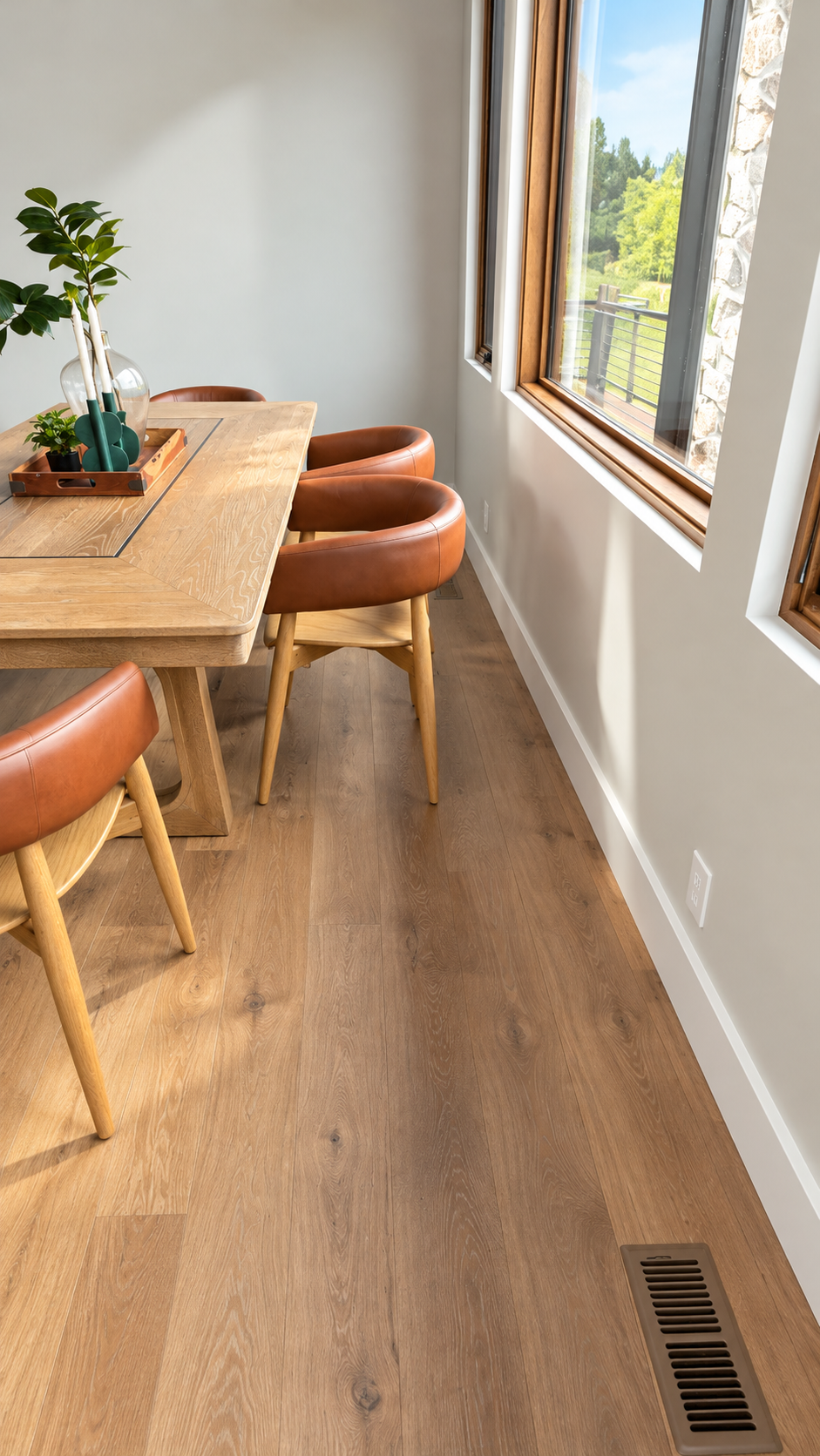 A cozy dining room with a wooden table and three leather chairs, next to large windows that overlook a lush green outdoor landscape.