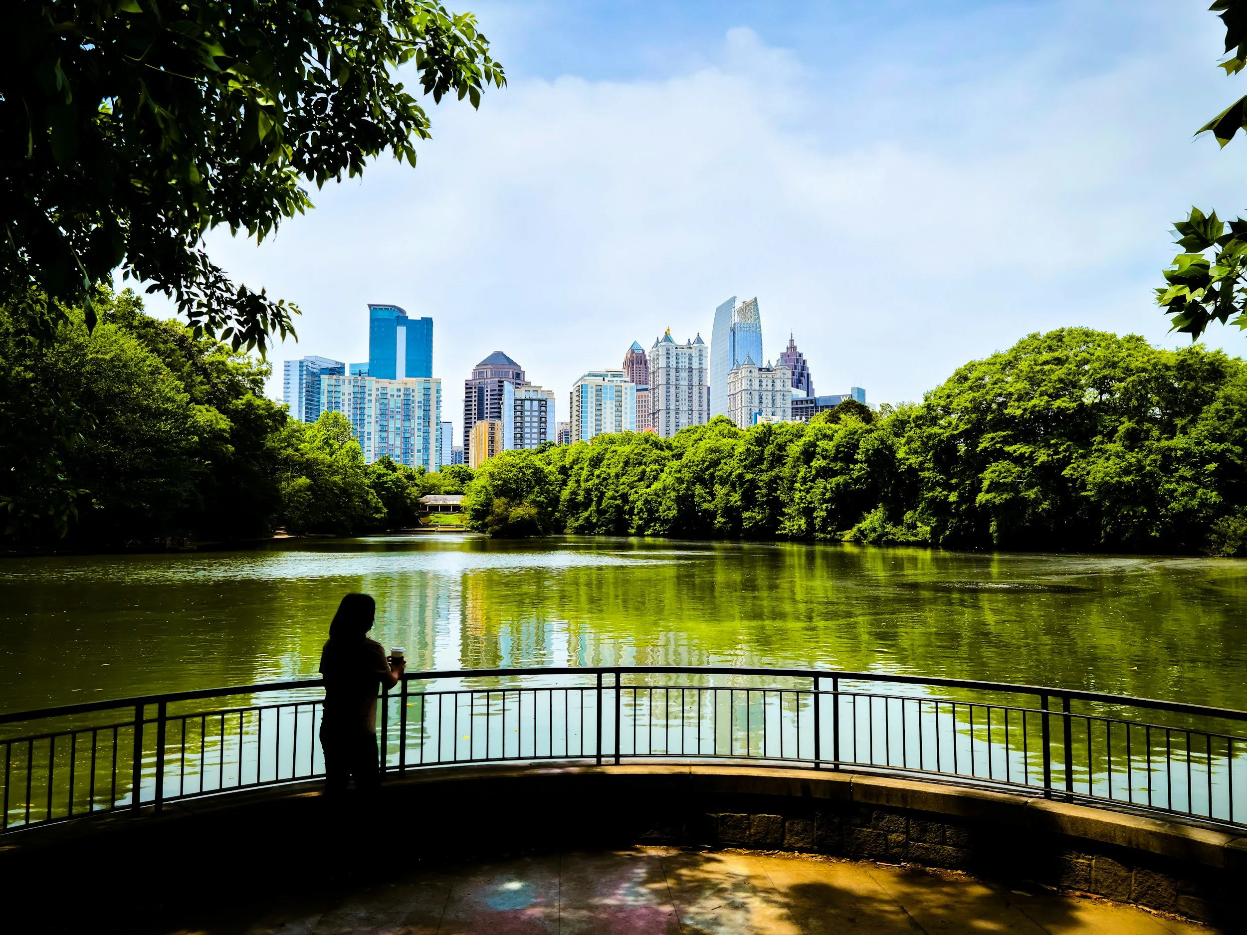 A person standing at a railing by a lake with trees, overlooking a city skyline with tall buildings in the background.