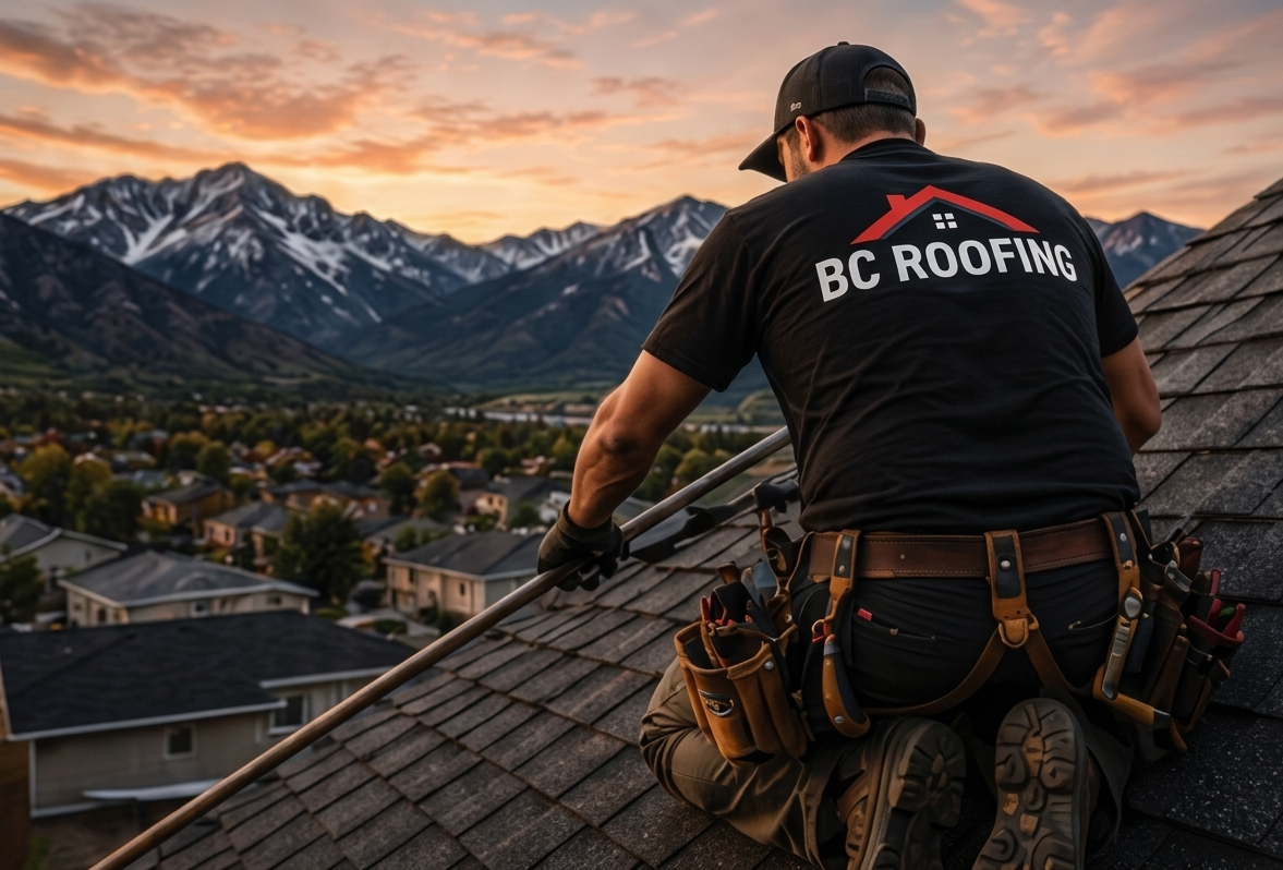 Trabajador en techos instalando techado en una vivienda con montañas nevadas al fondo durante el atardecer.