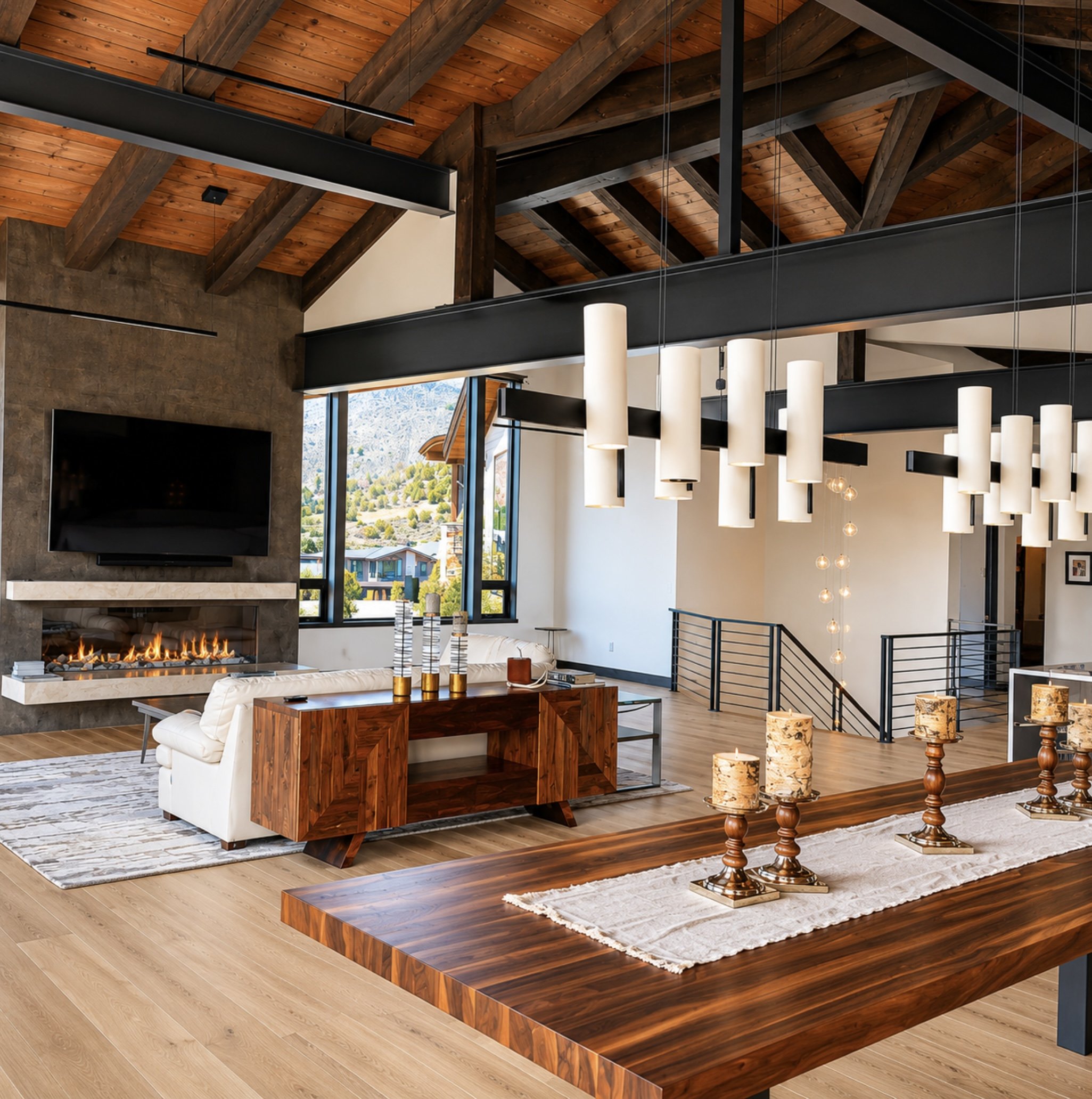 Modern living room with a high wooden vaulted ceiling, large window showing a scenic mountain view, and a fireplace with a stone surround.