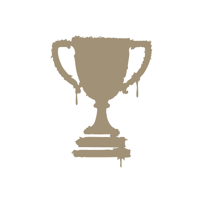 A beige stylized trophy cup with handles on a black background.