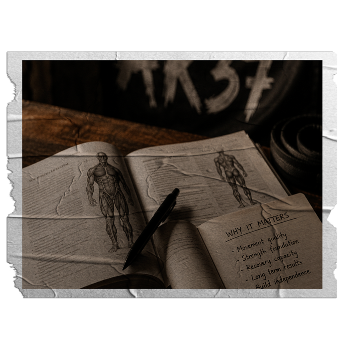 Open textbook with anatomical drawings of the human muscle system, handwritten notes on why it matters, a pen resting on the pages, and a rolled-up yoga mat in the background.