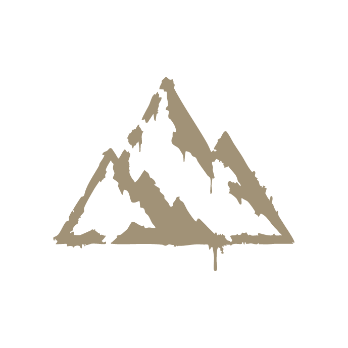 Stylized mountain range inside a triangle with a dripping effect at the bottom, in gray and black colors.